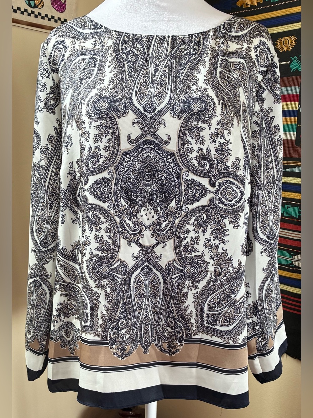 Talbots Cream and Black Paisley Long-Sleeve Blouse with Tan Border